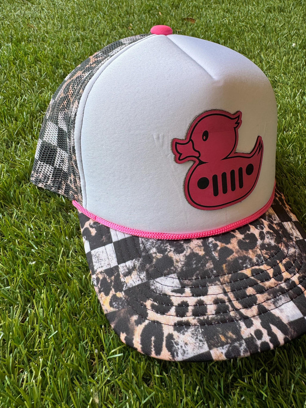 Pink leather duck mesh trucker hat