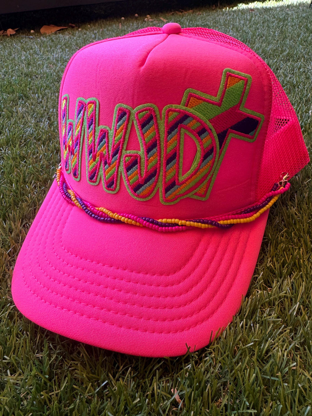WWJD neon trucker hat
