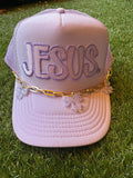 Jesus purple hat with embroidered patch and hat chain