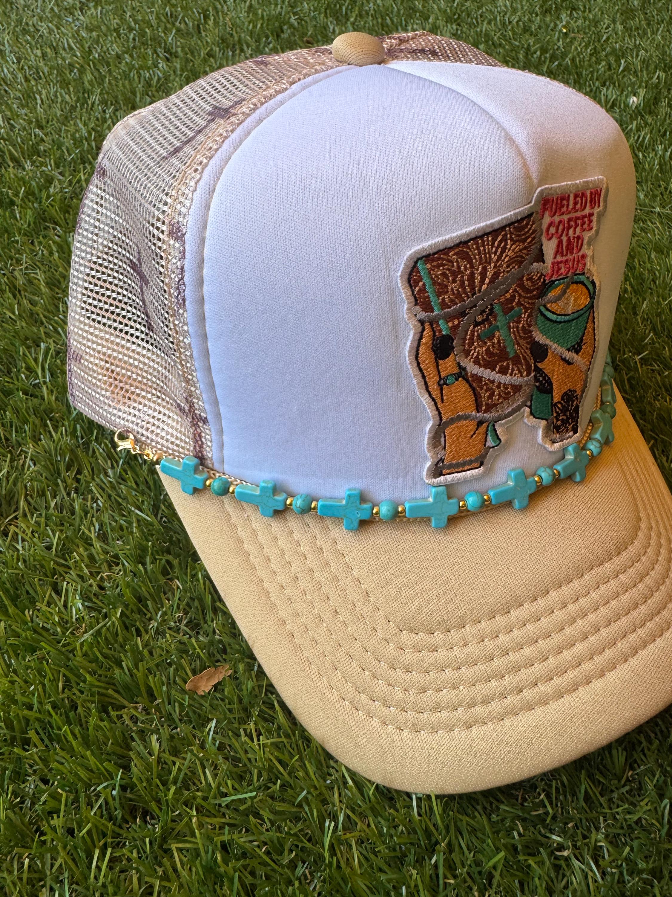 Fueled on Jesus and Coffee trucker hat with cross mesh and tourquise cross hat chain