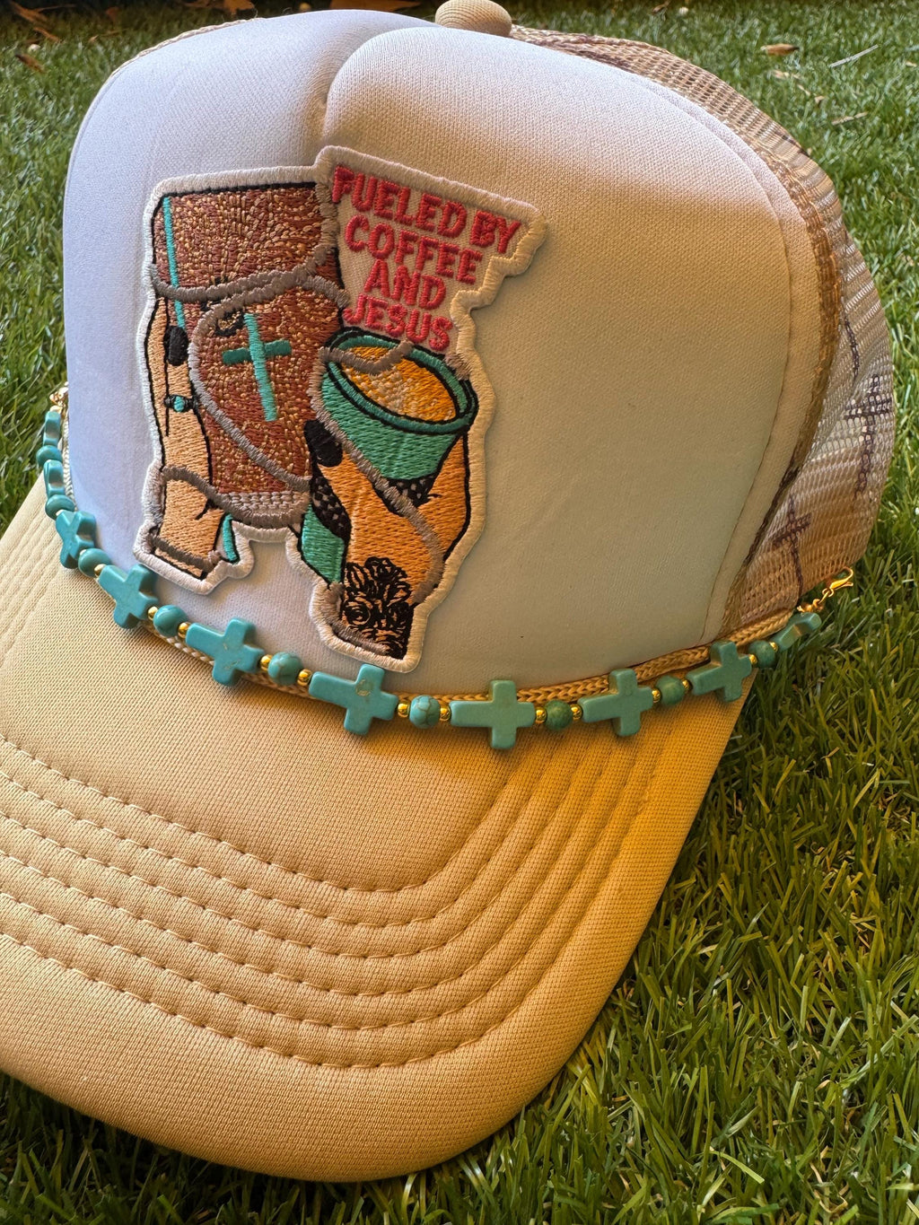 Fueled on Jesus and Coffee trucker hat with cross mesh and tourquise cross hat chain