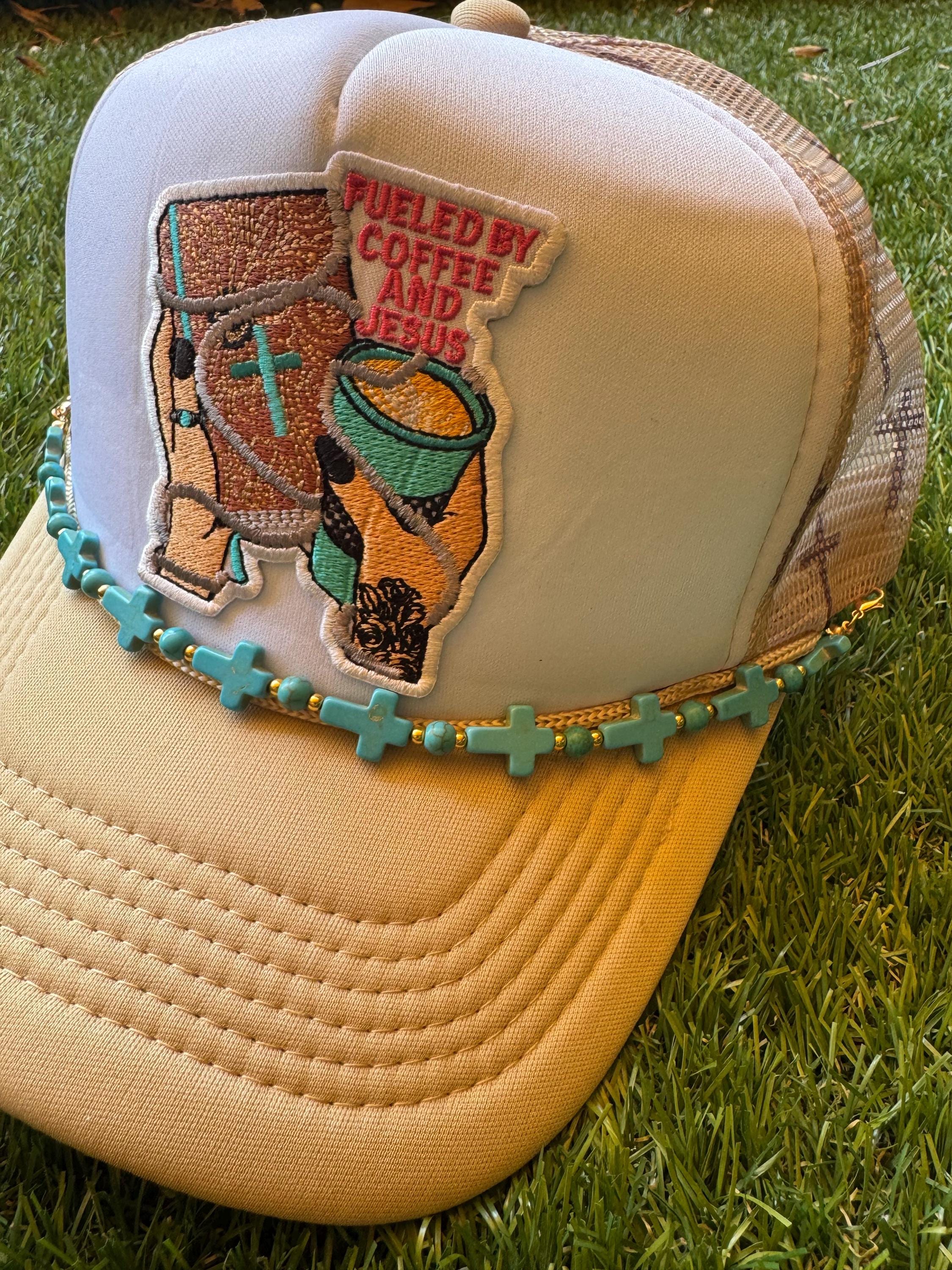 Fueled on Jesus and Coffee trucker hat with cross mesh and tourquise cross hat chain