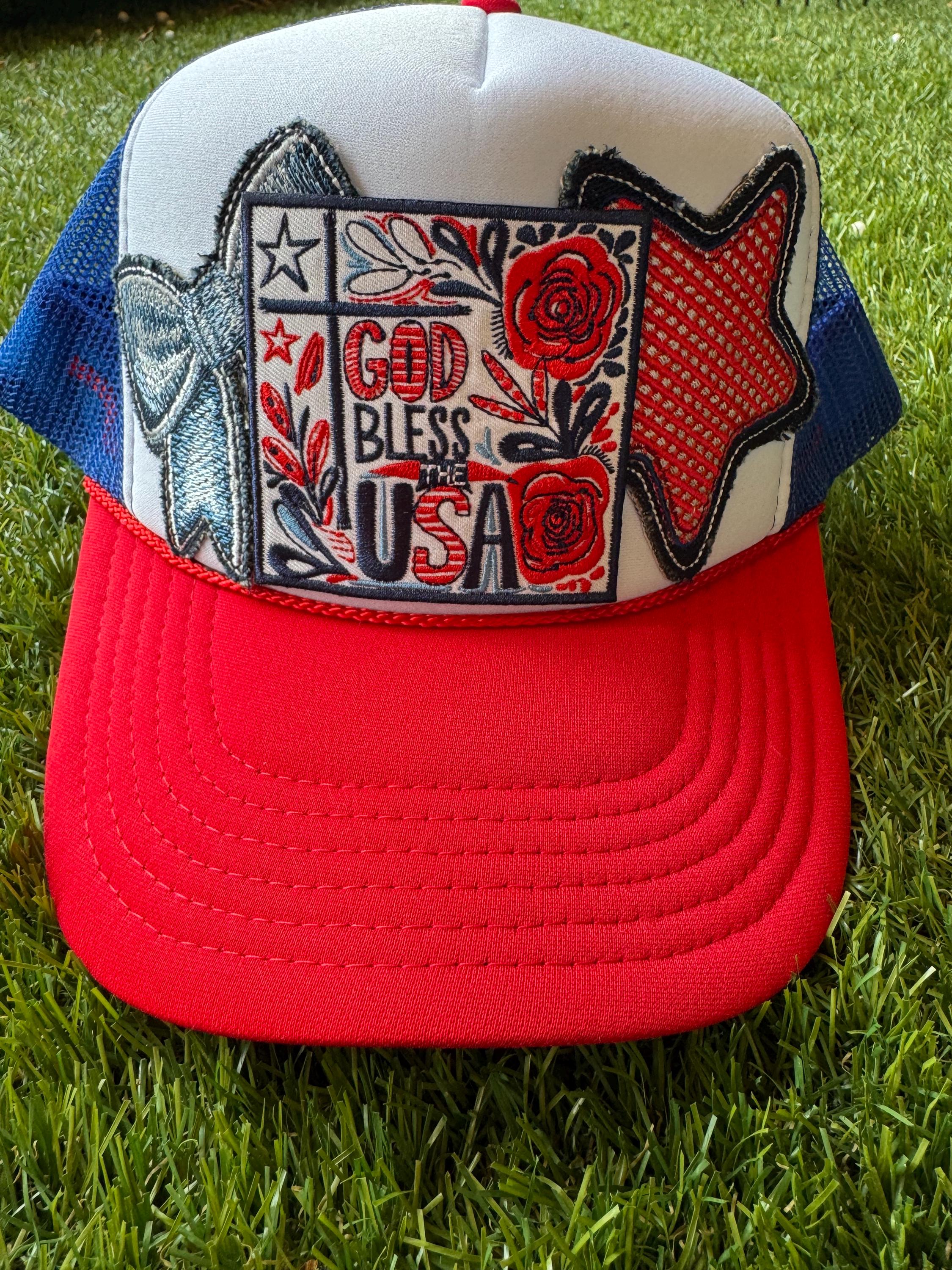 God Bless the USA custom trucker hat with bow and star