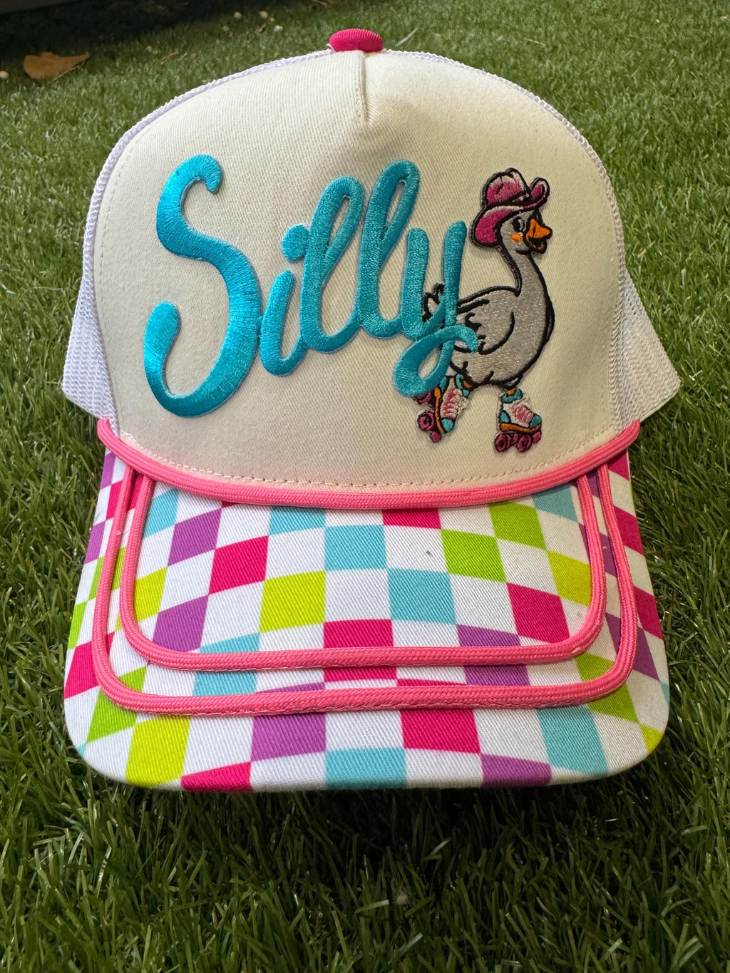 Silly Goose on Canvas multi color brim trucker hat
