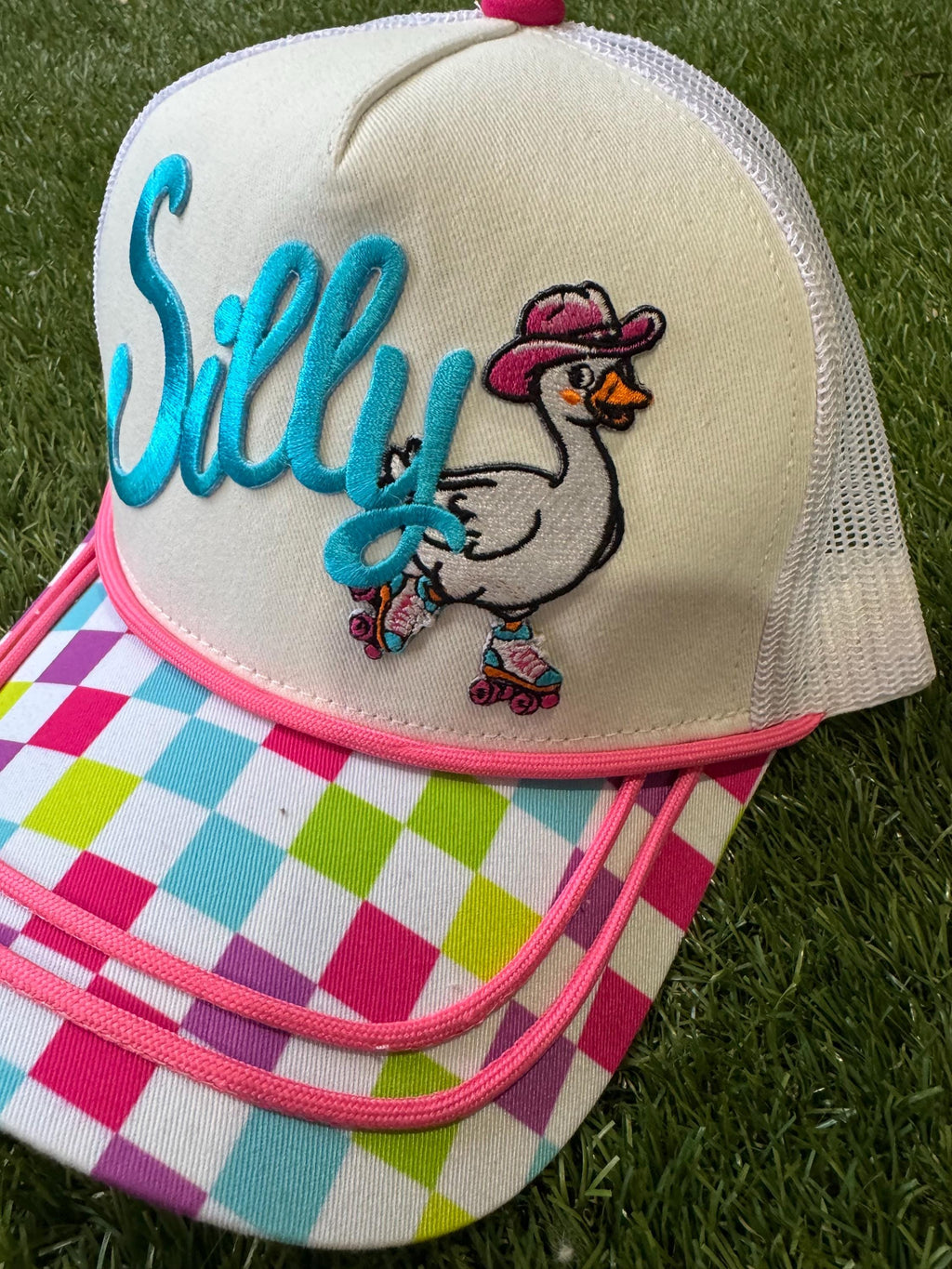 Silly Goose on Canvas multi color brim trucker hat