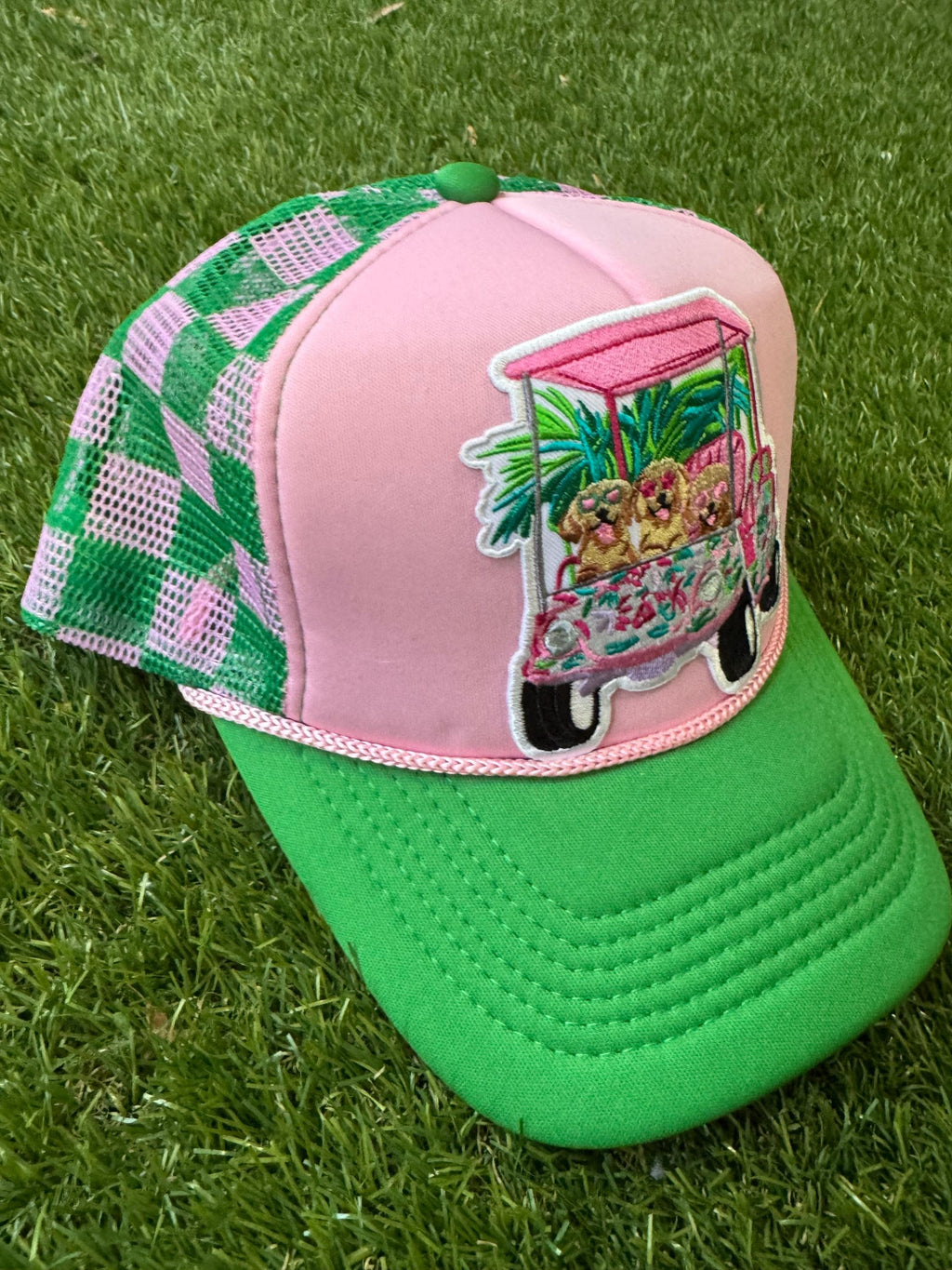Dogs driving the golf cart custom trucker hat