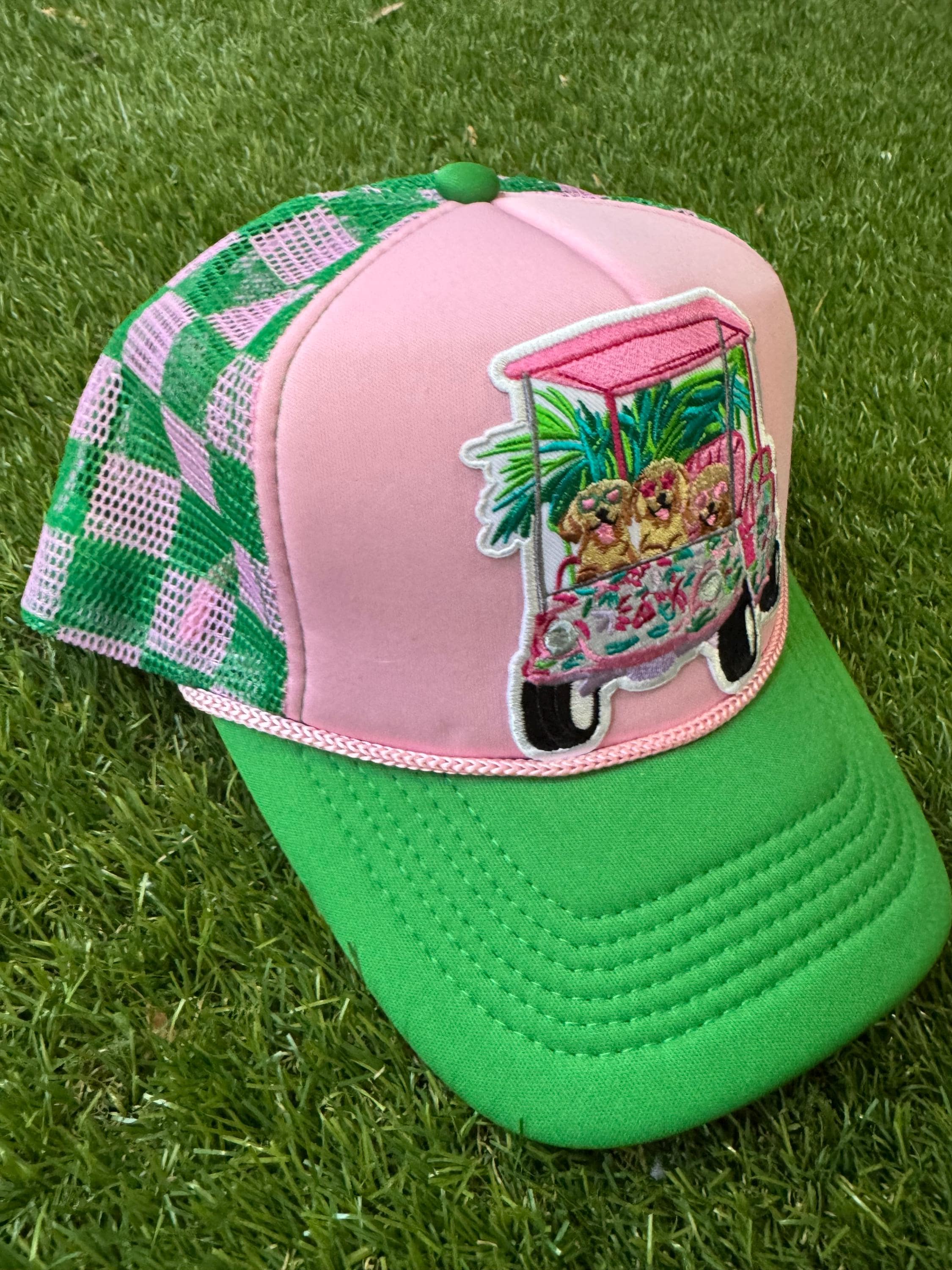 Dogs driving the golf cart custom trucker hat