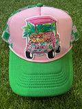 Dogs driving the golf cart custom trucker hat