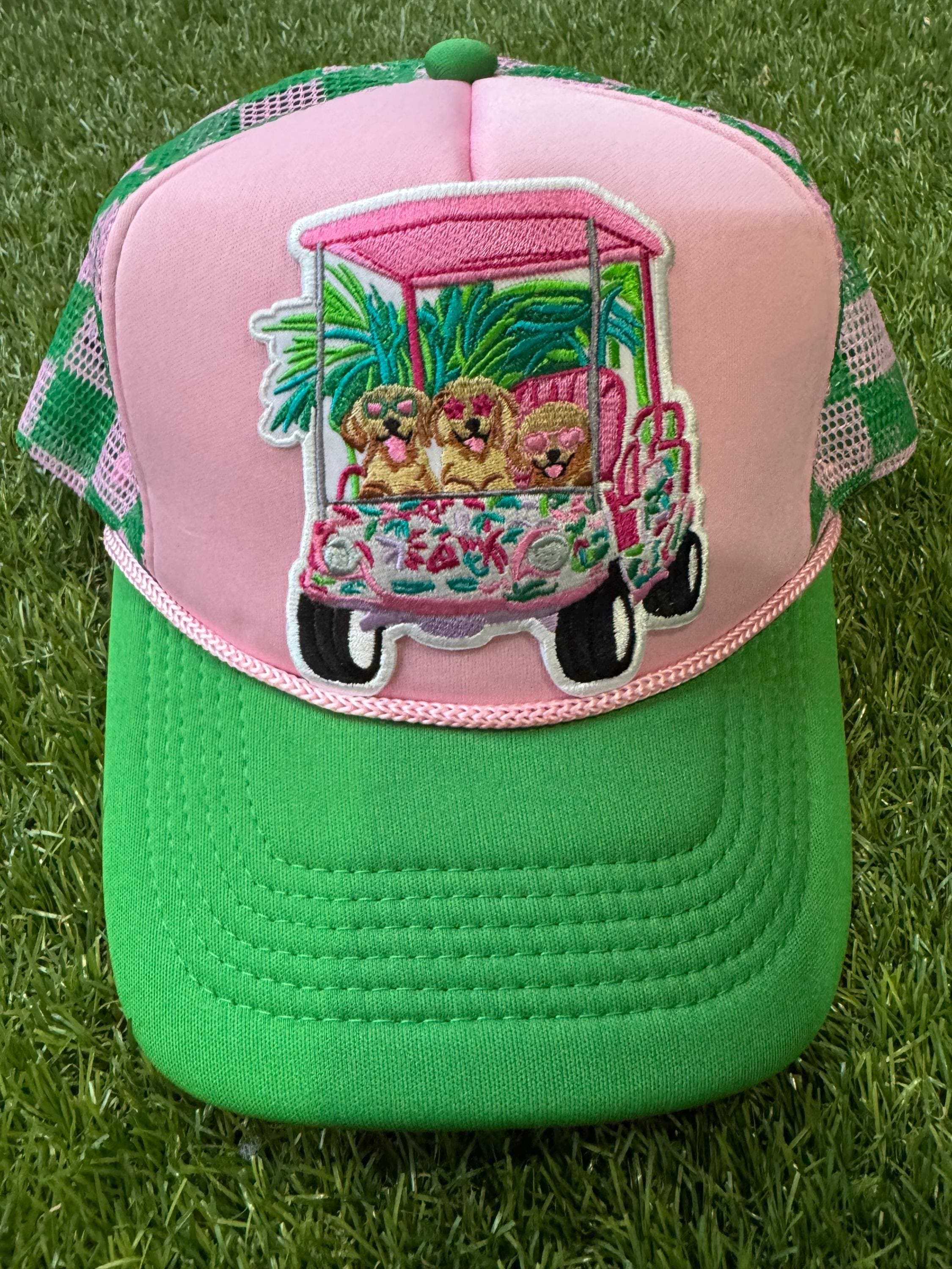 Dogs driving the golf cart custom trucker hat