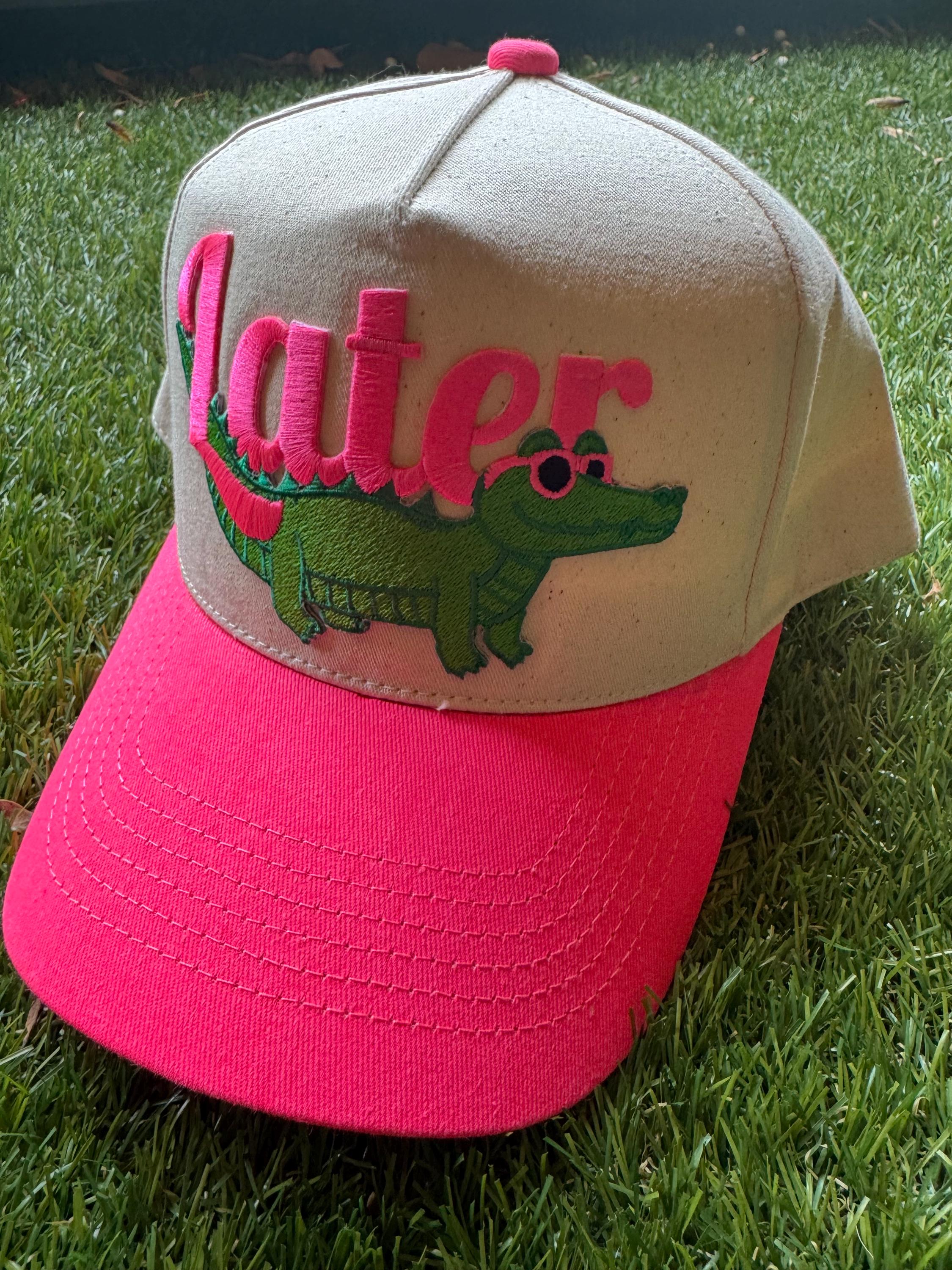 Later Gator on canvas trucker hat with neon pink brim