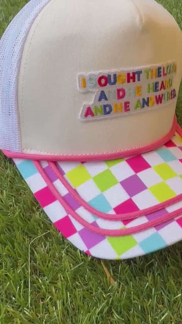 Embroidered Patch Hat: "I Sought the Lord" Neon Trucker Cap